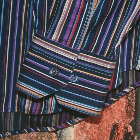 Mens BUGATCHI UOMO L Colorful Striped Contrast Cuff Dress Shirt Classic Cotton - Picture 5 of 10